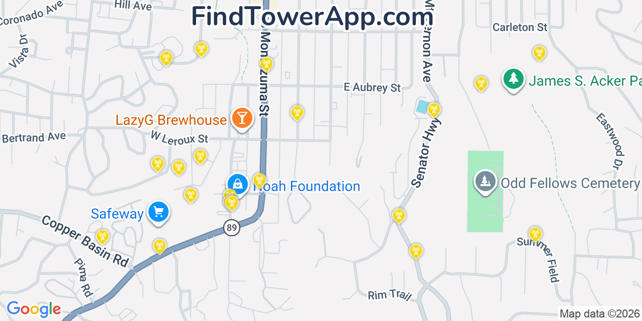 Map showing the 20 primary cell tower locations detected in Prescott, Arizona from AT&T, Verizon, and T-Mobile networks