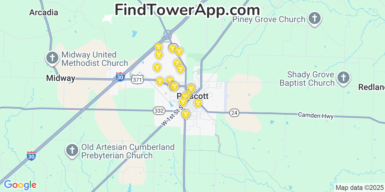 Map showing the 20 primary cell tower locations detected in Prescott, Arkansas from AT&T, Verizon, and T-Mobile networks
