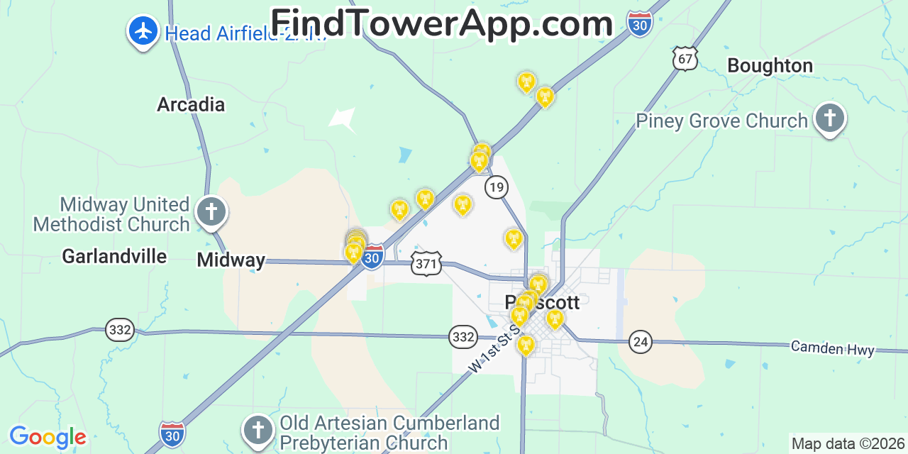 Map showing the 20 primary cell tower locations detected in Prescott, Arkansas from AT&T, Verizon, and T-Mobile networks