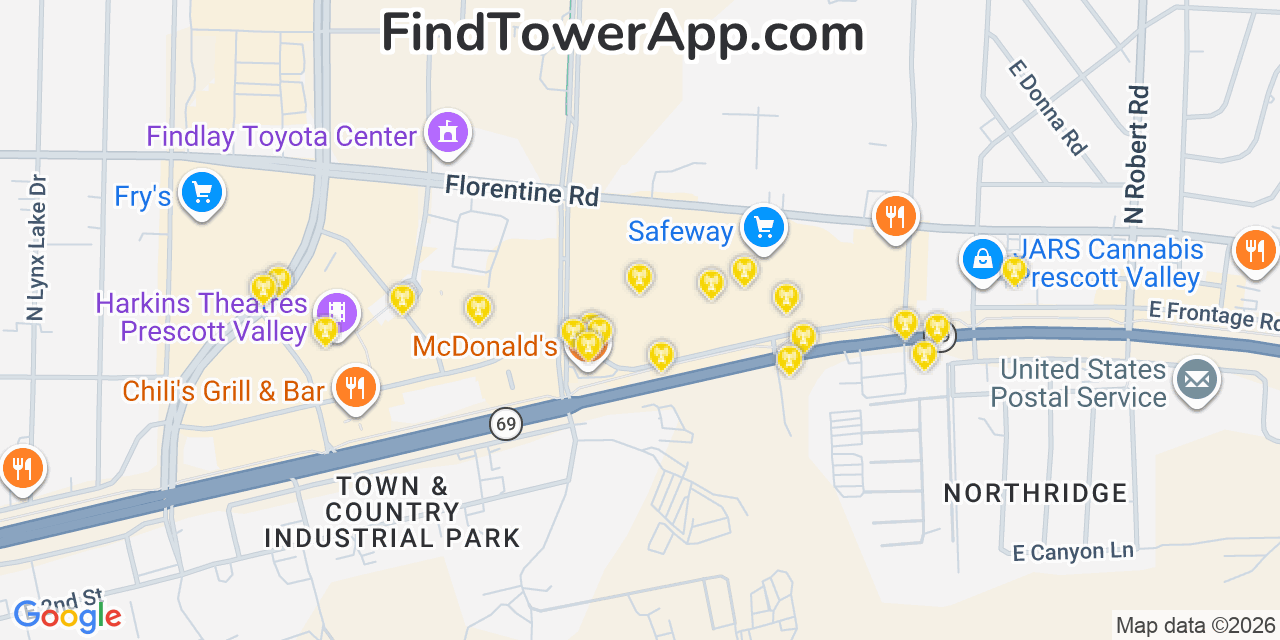 Map showing the 20 primary cell tower locations detected in Prescott Valley, Arizona from AT&T, Verizon, and T-Mobile networks