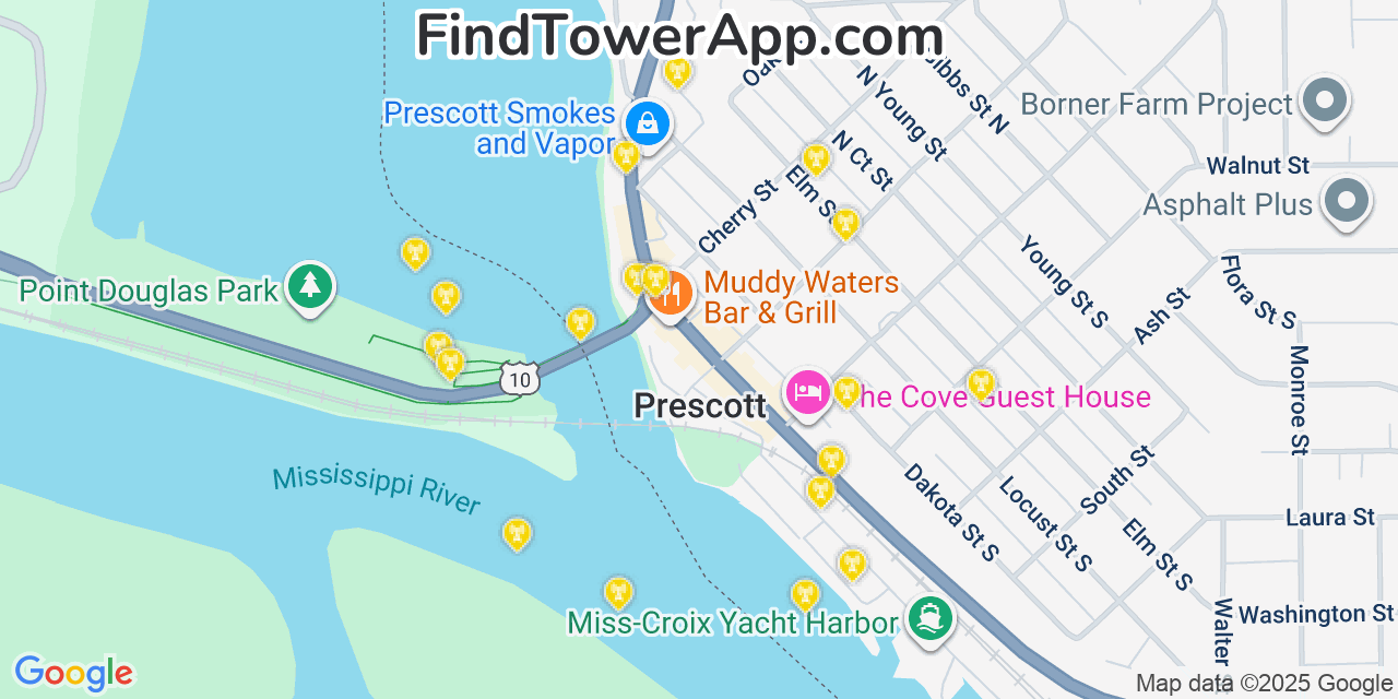 Map showing the 20 primary cell tower locations detected in Prescott, Wisconsin from AT&T, Verizon, and T-Mobile networks
