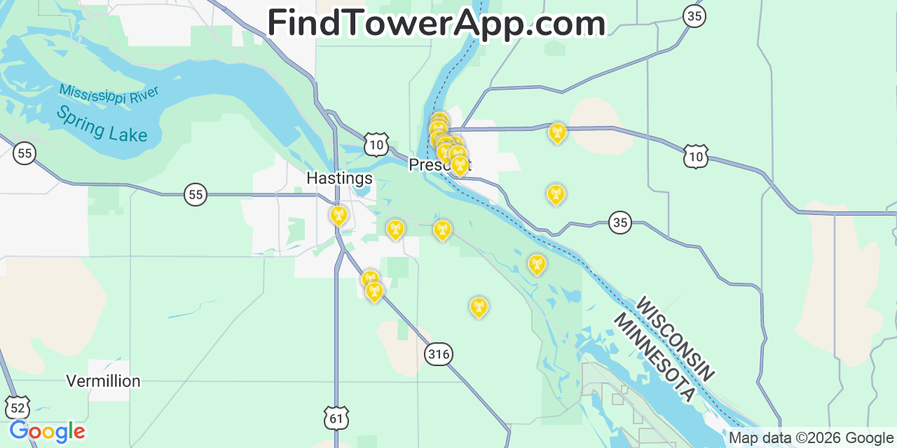 Map showing the 20 primary cell tower locations detected in Prescott, Wisconsin from AT&T, Verizon, and T-Mobile networks