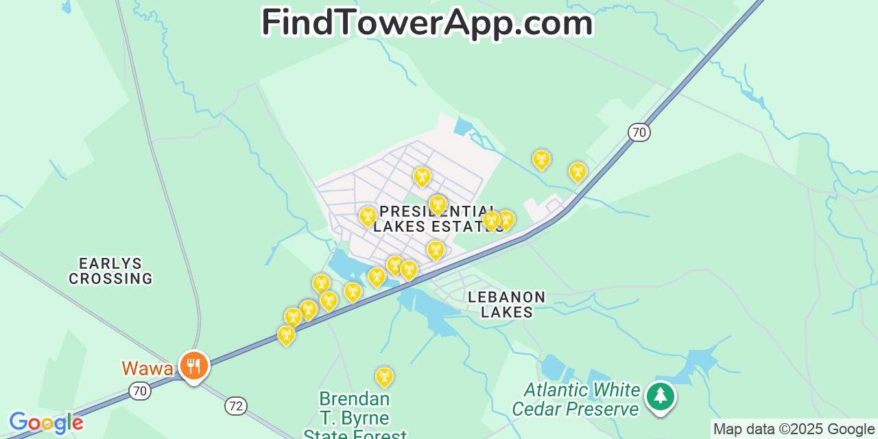Map showing the 20 primary cell tower locations detected in Presidential Lakes Estates, New Jersey from AT&T, Verizon, and T-Mobile networks
