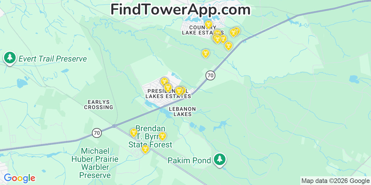 Map showing the 20 primary cell tower locations detected in Presidential Lakes Estates, New Jersey from AT&T, Verizon, and T-Mobile networks