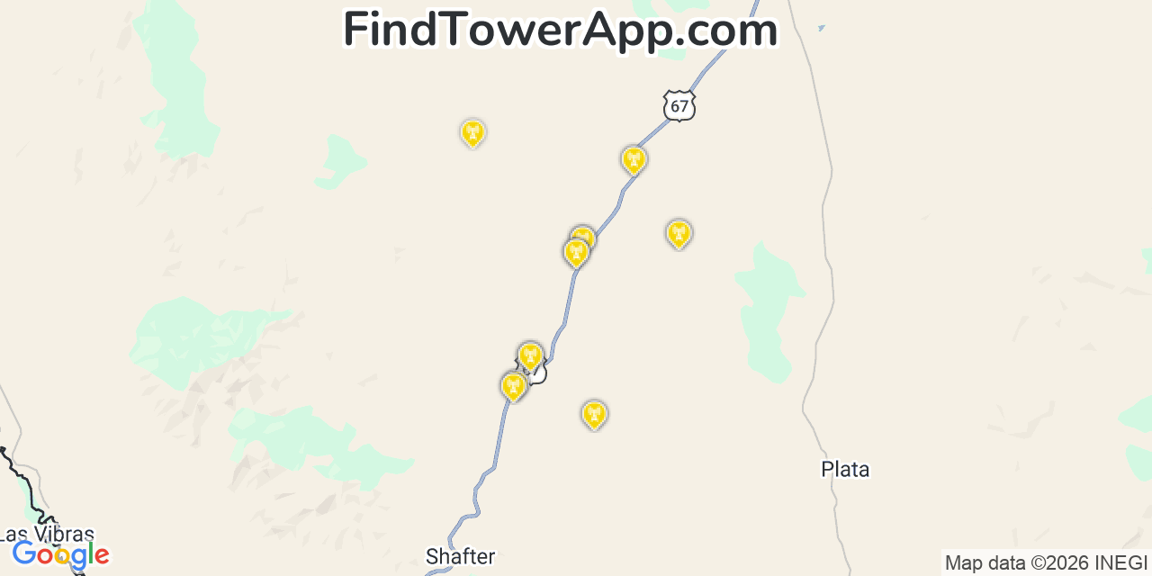 Map showing the 20 primary cell tower locations detected in Presidio, Texas from AT&T, Verizon, and T-Mobile networks
