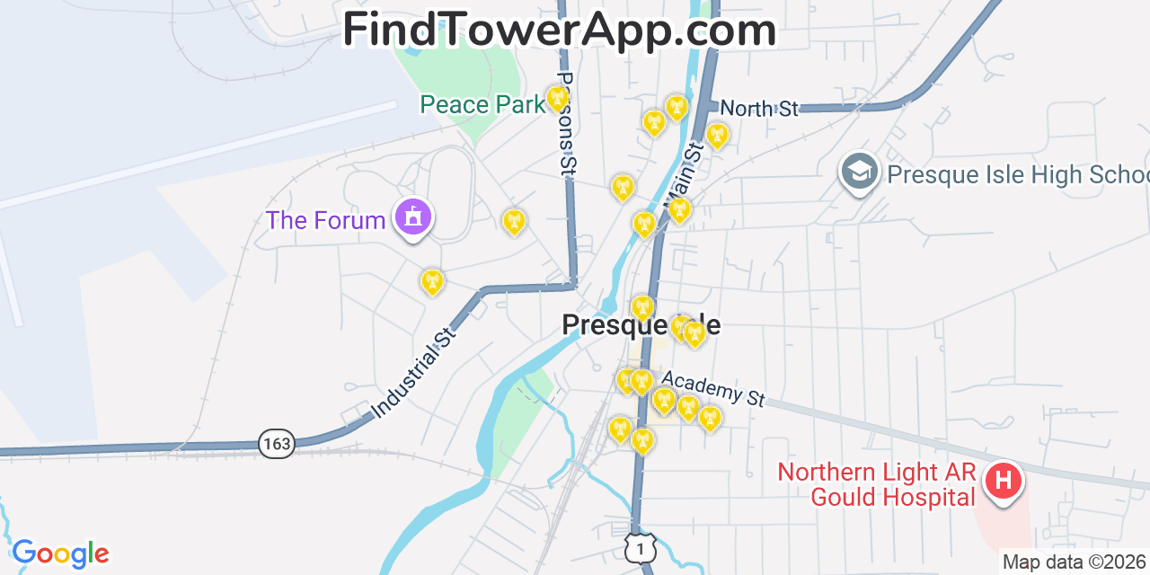 Map showing the 20 primary cell tower locations detected in Presque Isle, Maine from AT&T, Verizon, and T-Mobile networks
