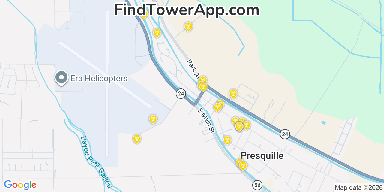 Map showing the 20 primary cell tower locations detected in Presquille, Louisiana from AT&T, Verizon, and T-Mobile networks