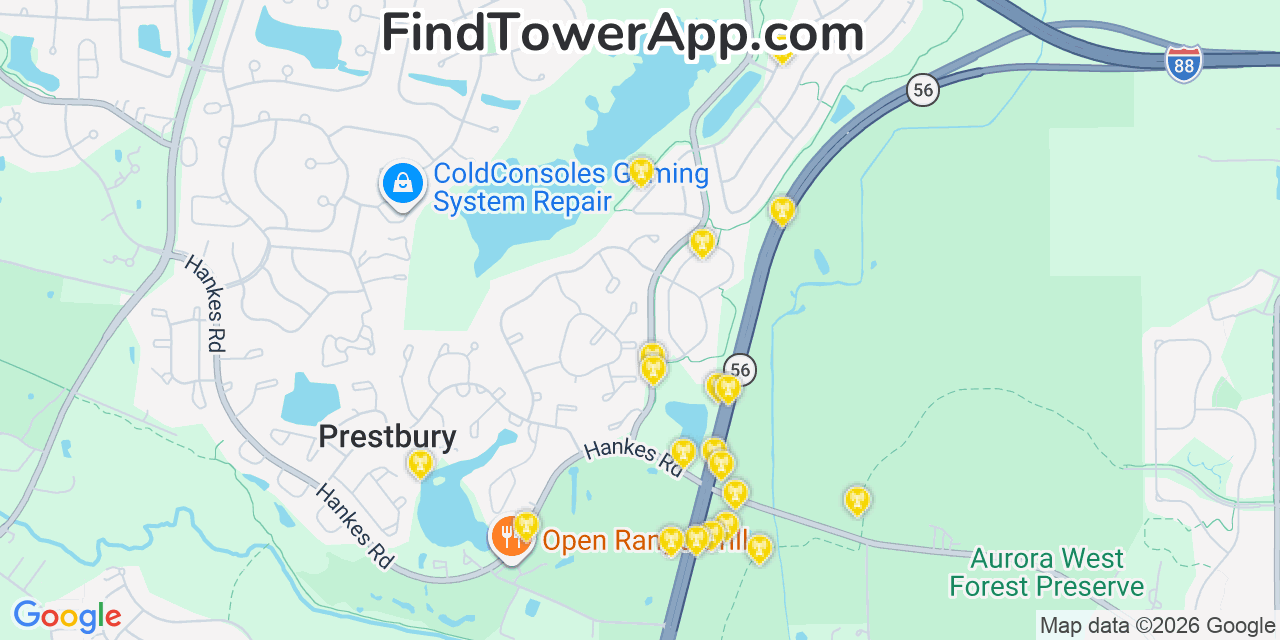Map showing the 20 primary cell tower locations detected in Prestbury, Illinois from AT&T, Verizon, and T-Mobile networks