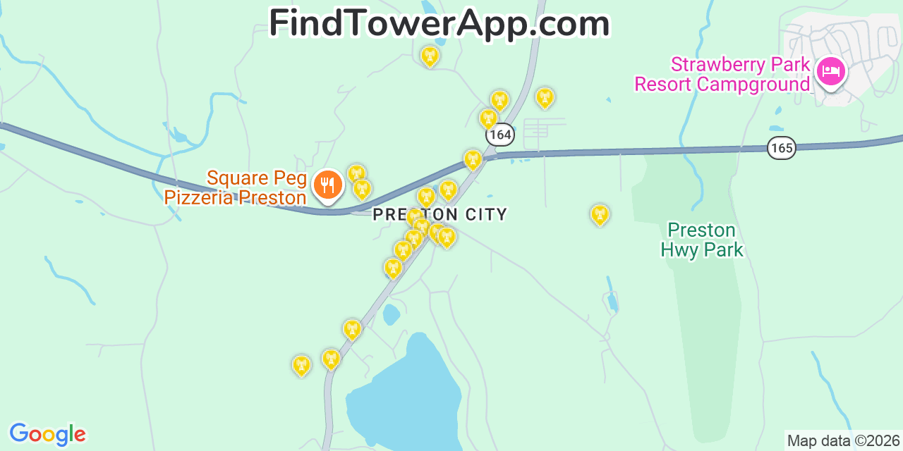 Map showing the 20 primary cell tower locations detected in Preston City, Connecticut from AT&T, Verizon, and T-Mobile networks