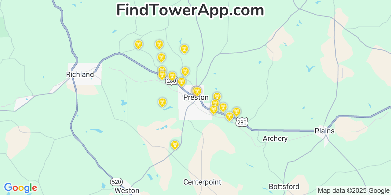Map showing the 20 primary cell tower locations detected in Preston, Georgia from AT&T, Verizon, and T-Mobile networks