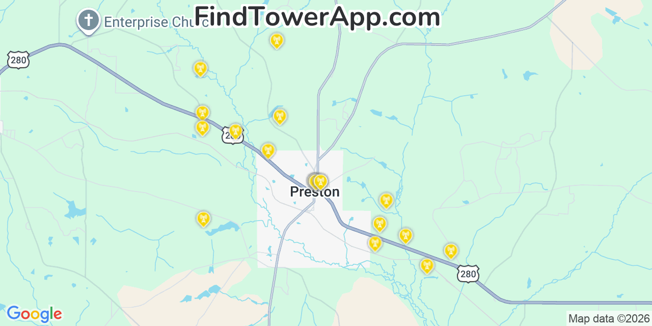 Map showing the 20 primary cell tower locations detected in Preston, Georgia from AT&T, Verizon, and T-Mobile networks