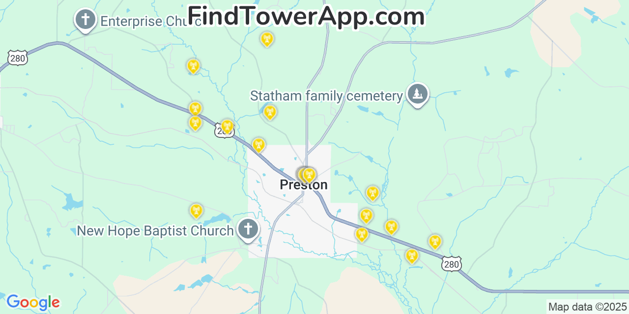 Map showing the 20 primary Mobitel cell tower locations detected in Preston, Georgia with coverage radius and signal strength indicators