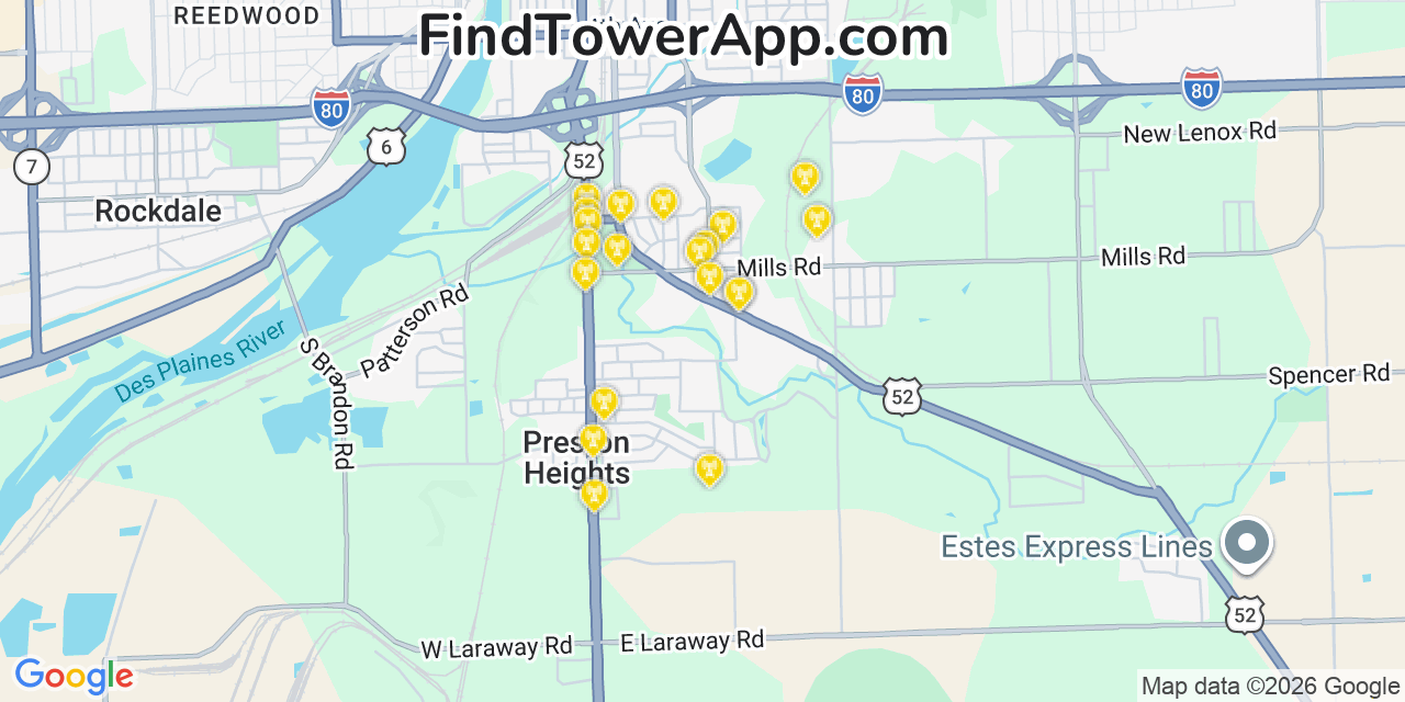 Map showing the 20 primary cell tower locations detected in Preston Heights, Illinois from AT&T, Verizon, and T-Mobile networks
