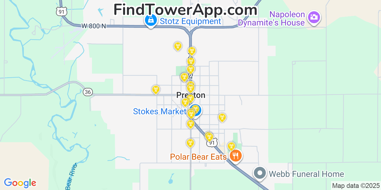 Map showing the 20 primary cell tower locations detected in Preston, Idaho from AT&T, Verizon, and T-Mobile networks