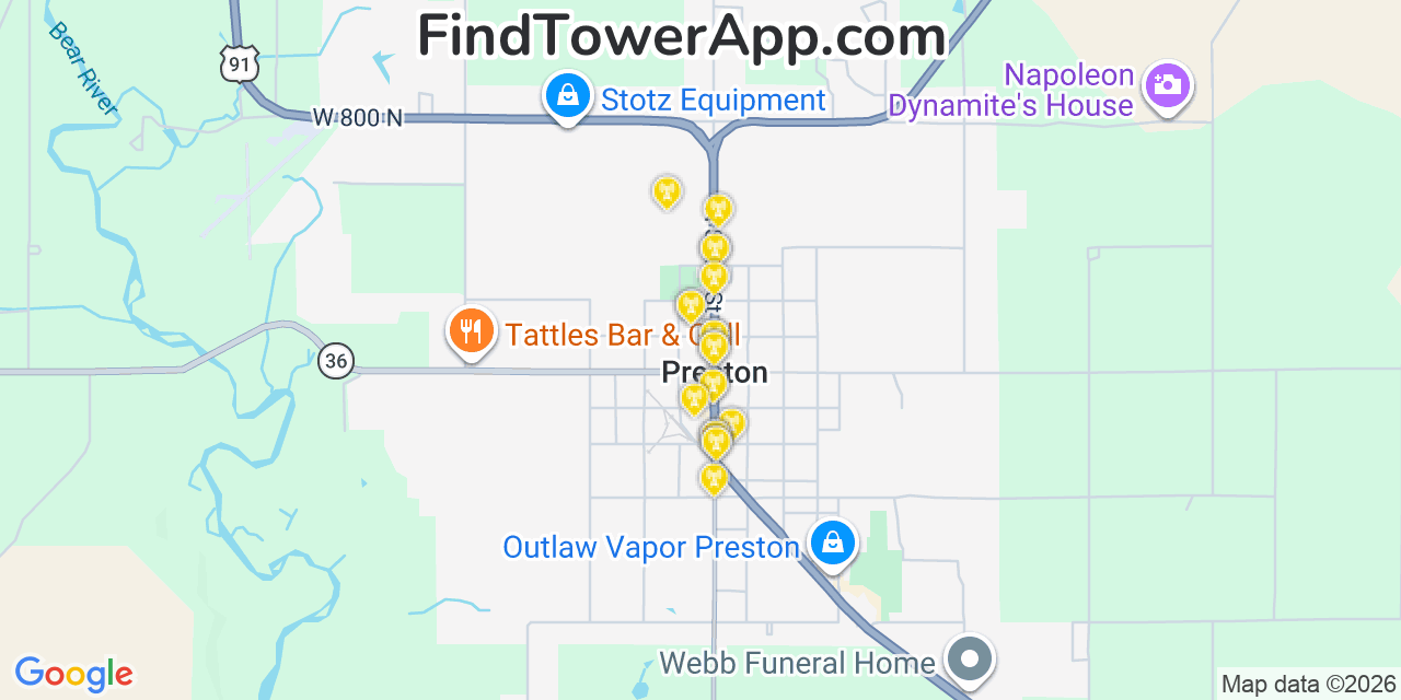 Map showing the 20 primary cell tower locations detected in Preston, Idaho from AT&T, Verizon, and T-Mobile networks