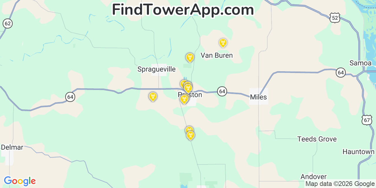 Map showing the 20 primary cell tower locations detected in Preston, Iowa from AT&T, Verizon, and T-Mobile networks