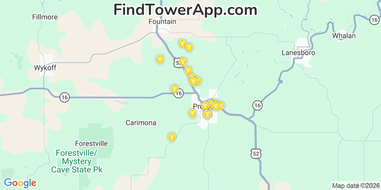 Map showing the 20 primary cell tower locations detected in Preston, Minnesota from AT&T, Verizon, and T-Mobile networks