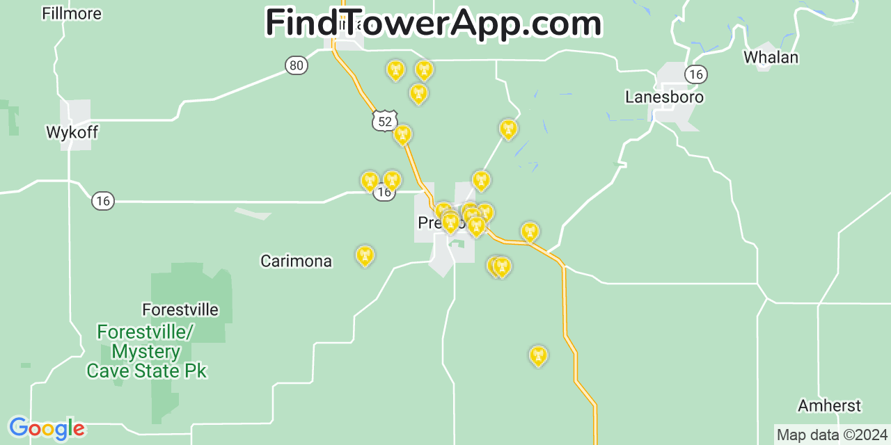 Verizon 4G/5G cell tower coverage map Preston, Minnesota