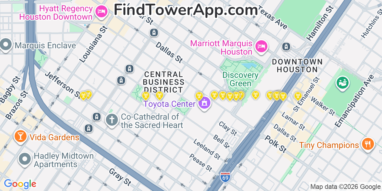 Map showing the 20 primary cell tower locations detected in Preston, Texas from AT&T, Verizon, and T-Mobile networks
