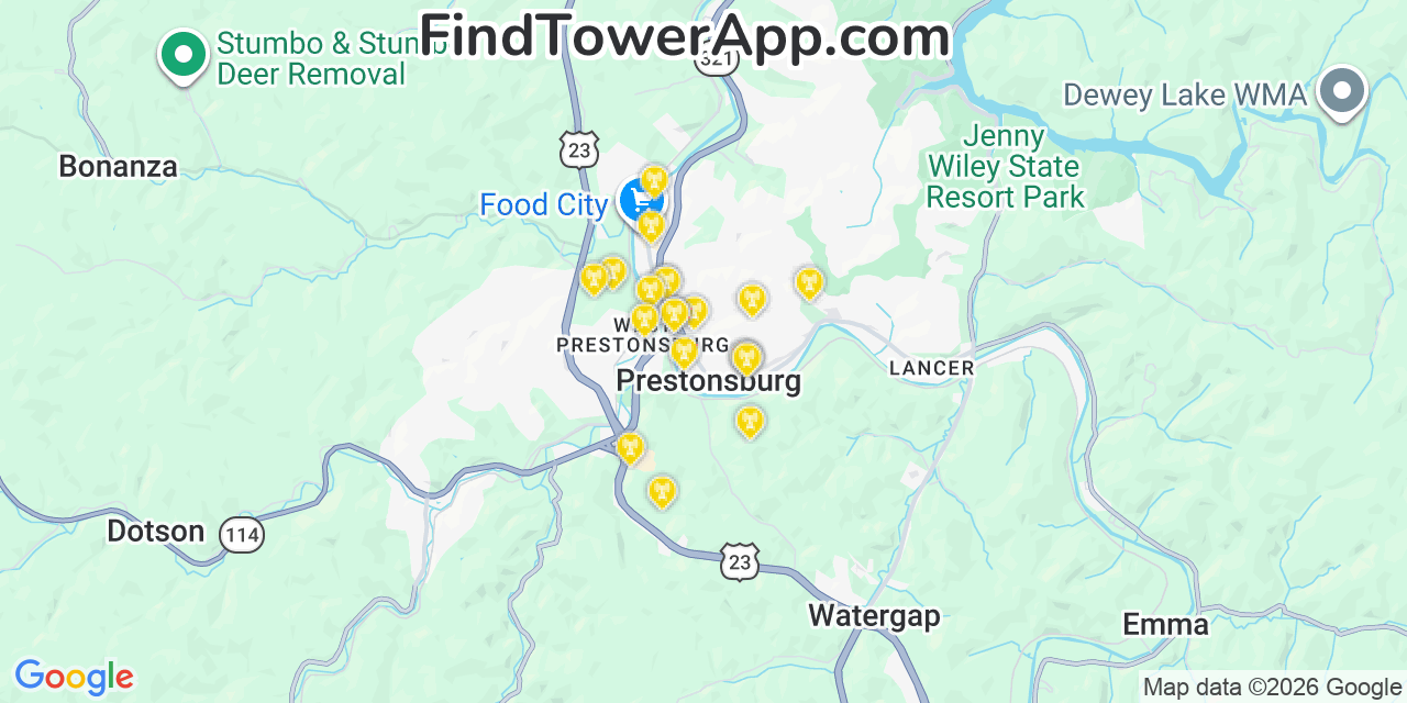 Map showing the 20 primary cell tower locations detected in Prestonsburg, Kentucky from AT&T, Verizon, and T-Mobile networks
