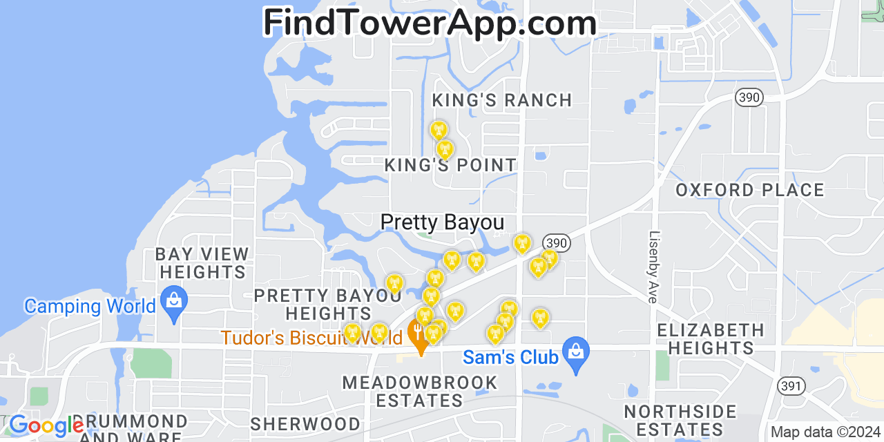 AT&T 4G/5G cell tower coverage map Pretty Bayou, Florida