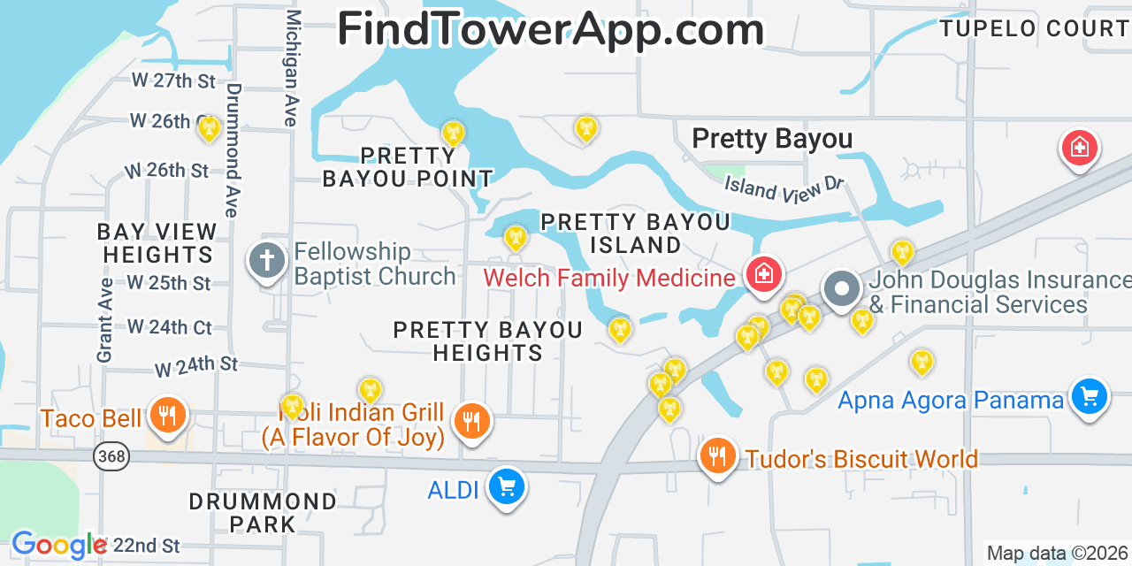 Map showing the 20 primary cell tower locations detected in Pretty Bayou, Florida from AT&T, Verizon, and T-Mobile networks