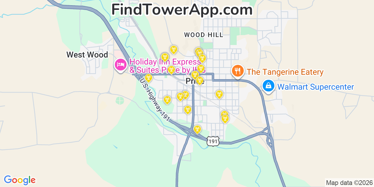 Map showing the 20 primary cell tower locations detected in Price, Utah from AT&T, Verizon, and T-Mobile networks