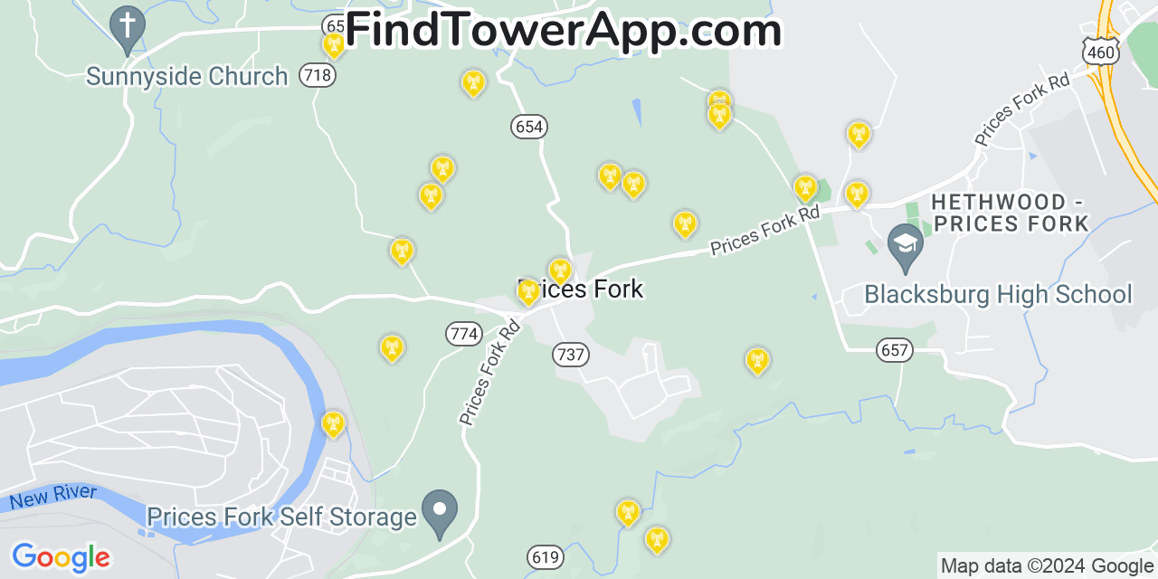 AT&T 4G/5G cell tower coverage map Prices Fork, Virginia