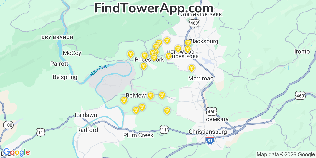 Map showing the 20 primary cell tower locations detected in Prices Fork, Virginia from AT&T, Verizon, and T-Mobile networks