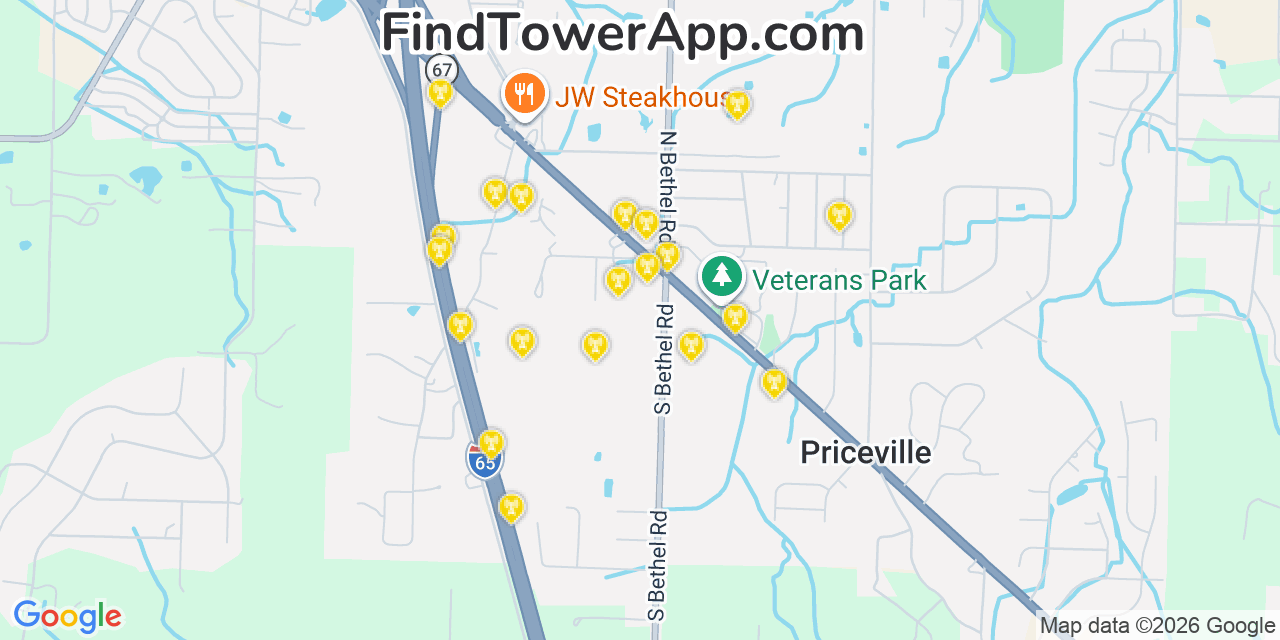 Map showing the 20 primary cell tower locations detected in Priceville, Alabama from AT&T, Verizon, and T-Mobile networks