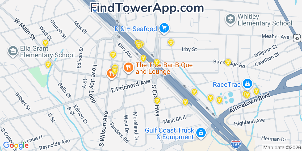 Map showing the 20 primary cell tower locations detected in Prichard, Alabama from AT&T, Verizon, and T-Mobile networks