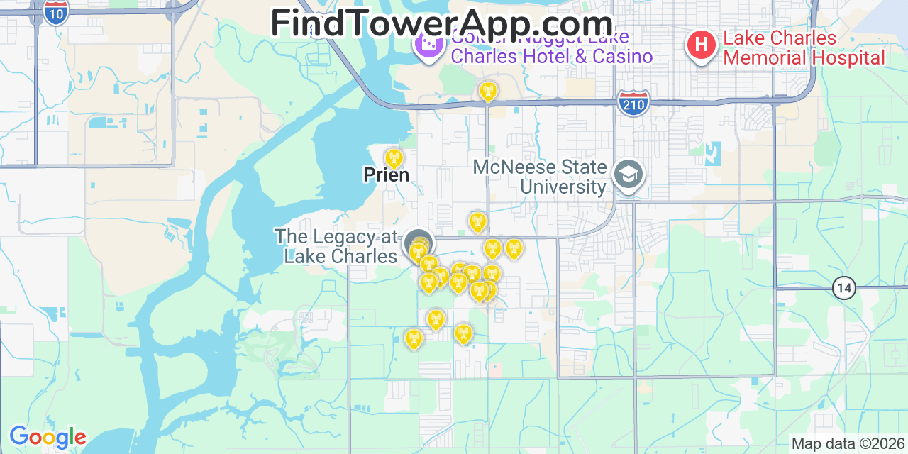 Map showing the 20 primary cell tower locations detected in Prien, Louisiana from AT&T, Verizon, and T-Mobile networks