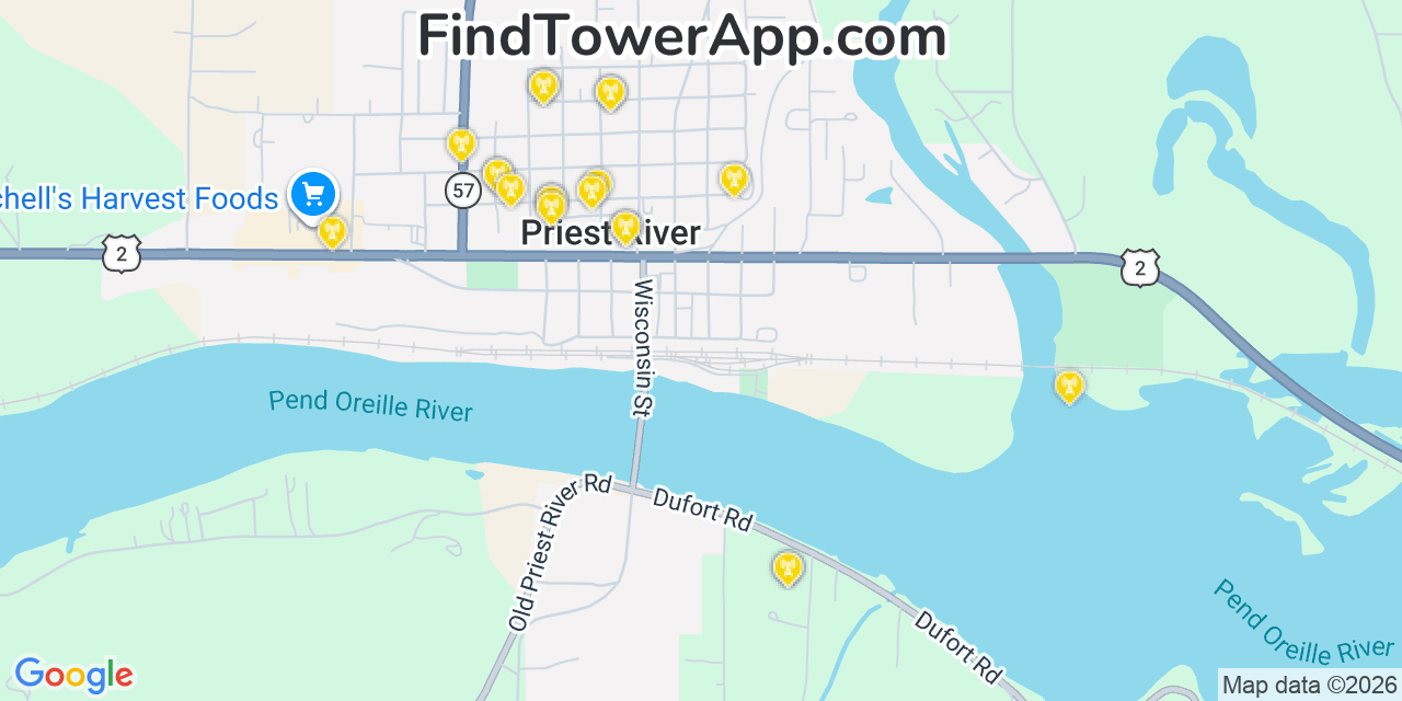 Map showing the 20 primary cell tower locations detected in Priest River, Idaho from AT&T, Verizon, and T-Mobile networks