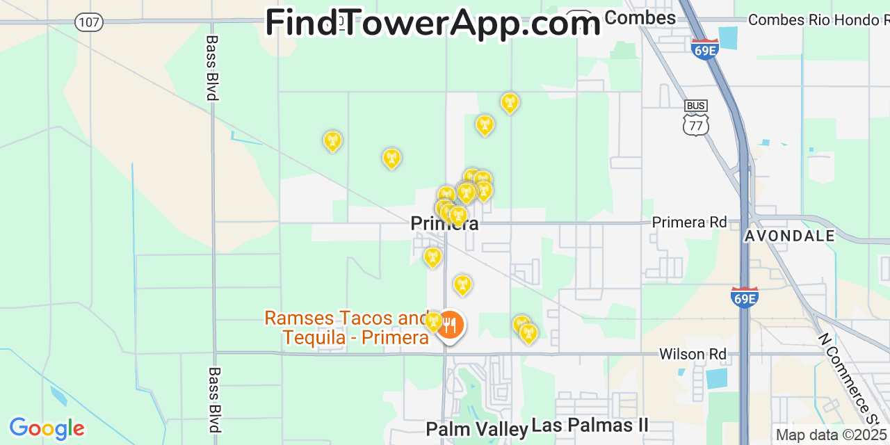 Map showing the 20 primary cell tower locations detected in Primera, Texas from AT&T, Verizon, and T-Mobile networks