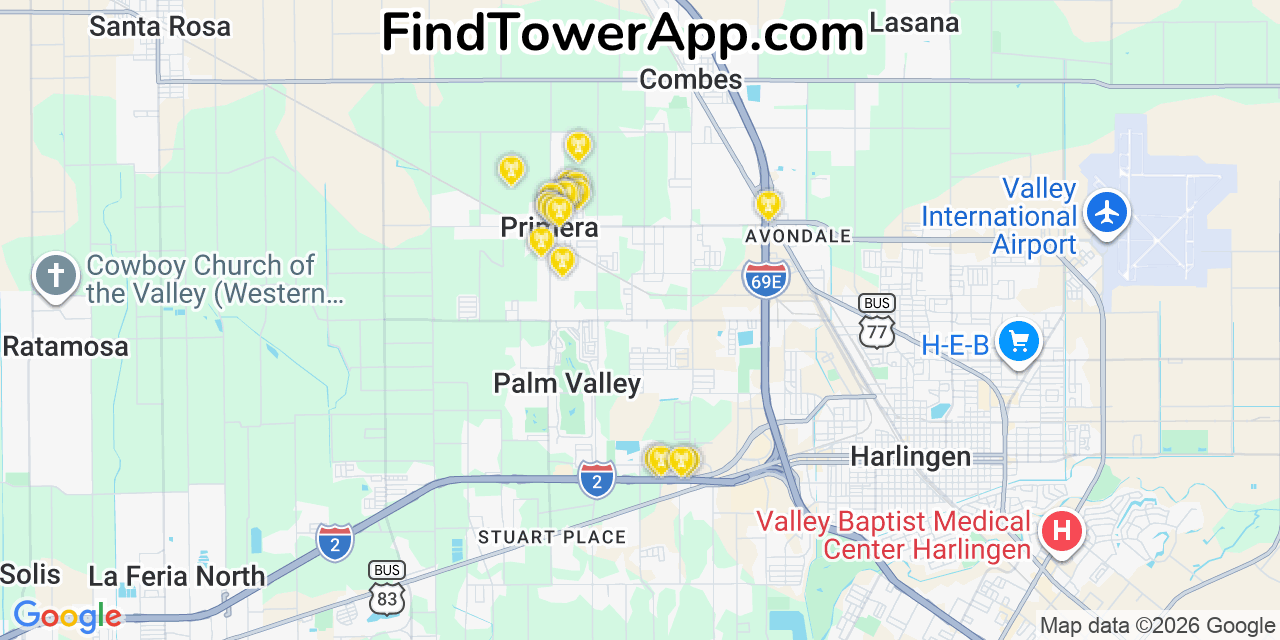 Map showing the 20 primary cell tower locations detected in Primera, Texas from AT&T, Verizon, and T-Mobile networks