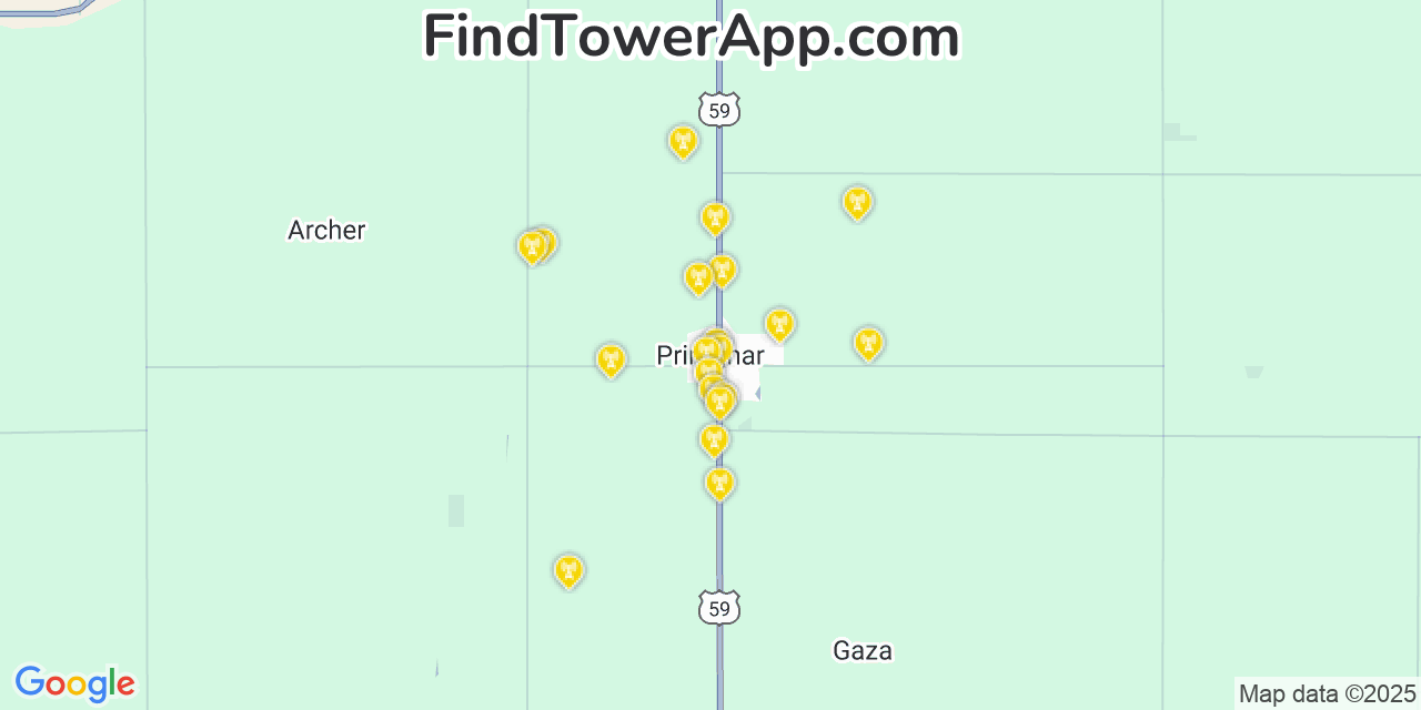 Map showing the 20 primary cell tower locations detected in Primghar, Iowa from AT&T, Verizon, and T-Mobile networks