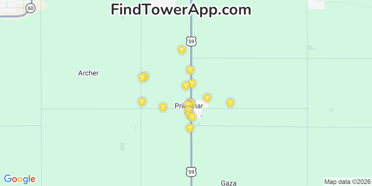 Map showing the 20 primary cell tower locations detected in Primghar, Iowa from AT&T, Verizon, and T-Mobile networks
