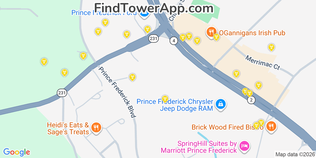 Map showing the 20 primary cell tower locations detected in Prince Frederick, Maryland from AT&T, Verizon, and T-Mobile networks