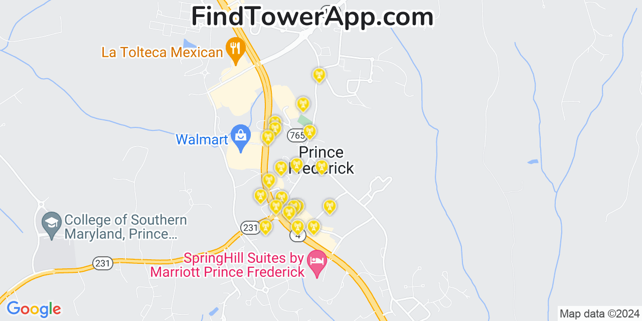 Verizon 4G/5G cell tower coverage map Prince Frederick, Maryland