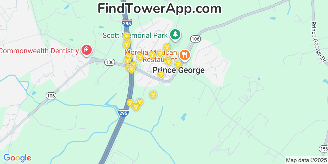 Map showing the 20 primary cell tower locations detected in Prince George, Virginia from AT&T, Verizon, and T-Mobile networks