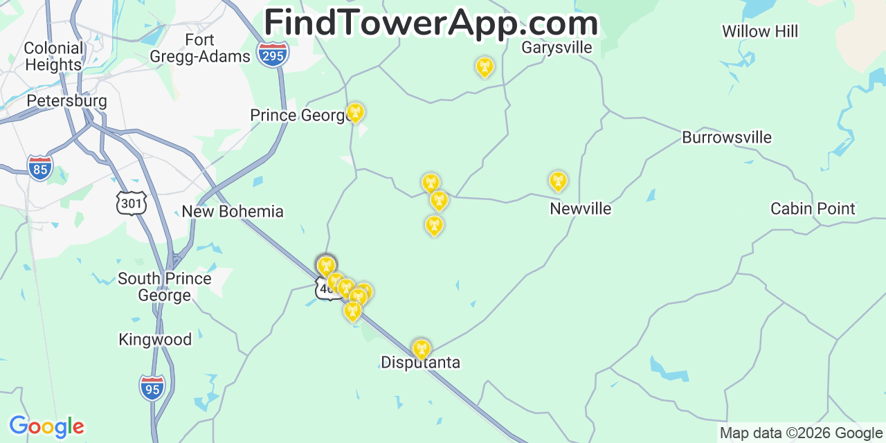 Map showing the 20 primary cell tower locations detected in Prince George, Virginia from AT&T, Verizon, and T-Mobile networks