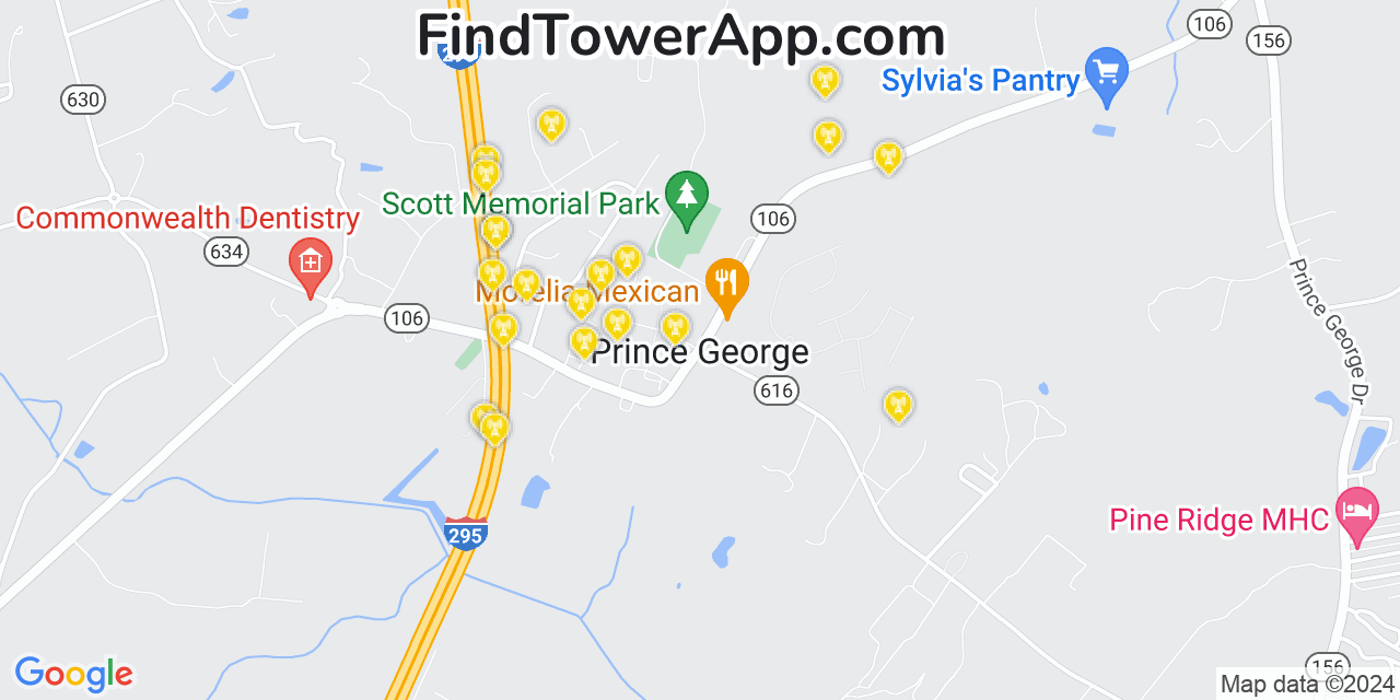 Verizon 4G/5G cell tower coverage map Prince George, Virginia