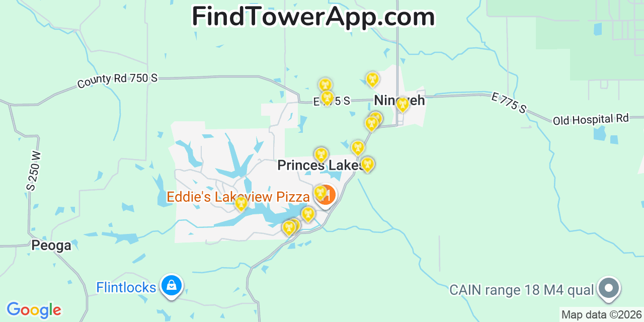 Map showing the 20 primary cell tower locations detected in Princes Lakes, Indiana from AT&T, Verizon, and T-Mobile networks