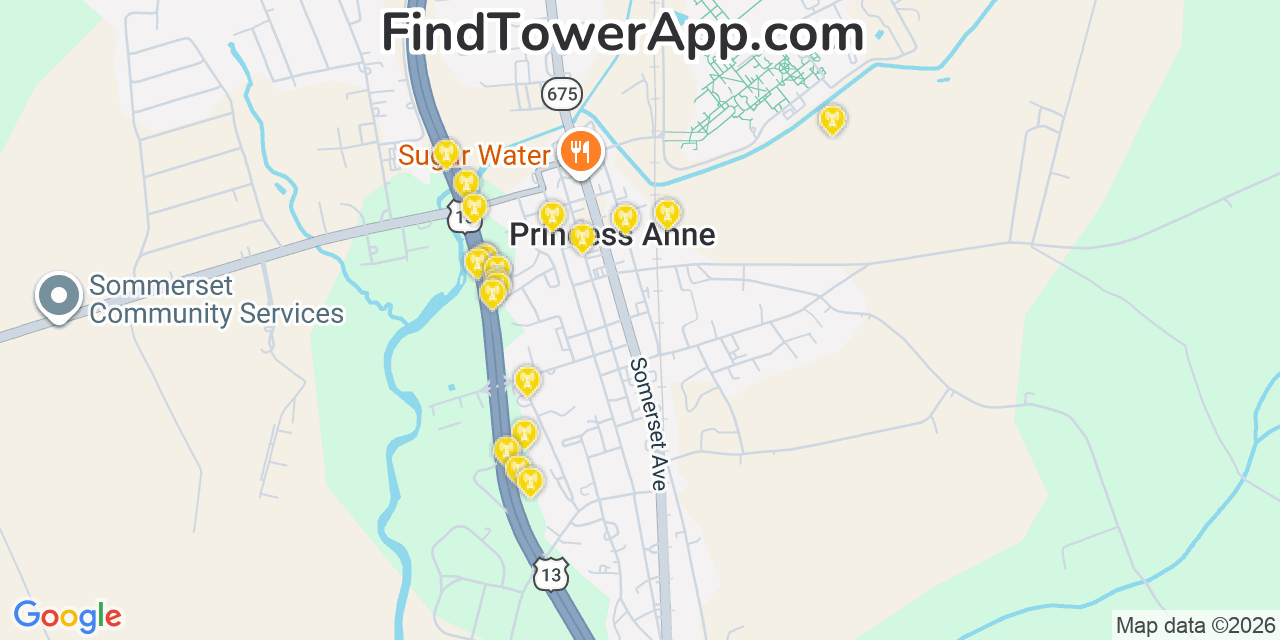 Map showing the 20 primary cell tower locations detected in Princess Anne, Maryland from AT&T, Verizon, and T-Mobile networks