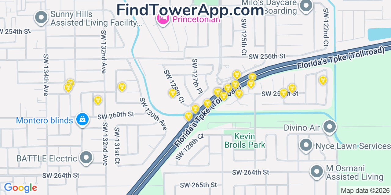 Map showing the 20 primary cell tower locations detected in Princeton, Florida from AT&T, Verizon, and T-Mobile networks