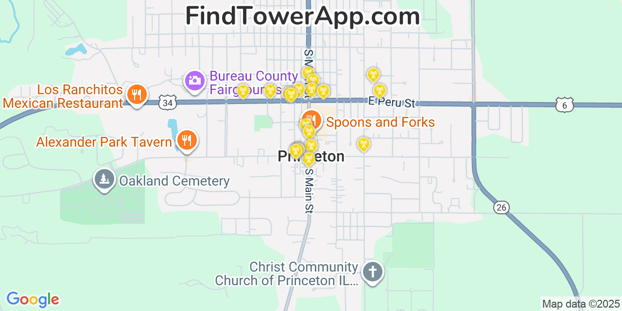 Map showing the 20 primary cell tower locations detected in Princeton, Illinois from AT&T, Verizon, and T-Mobile networks