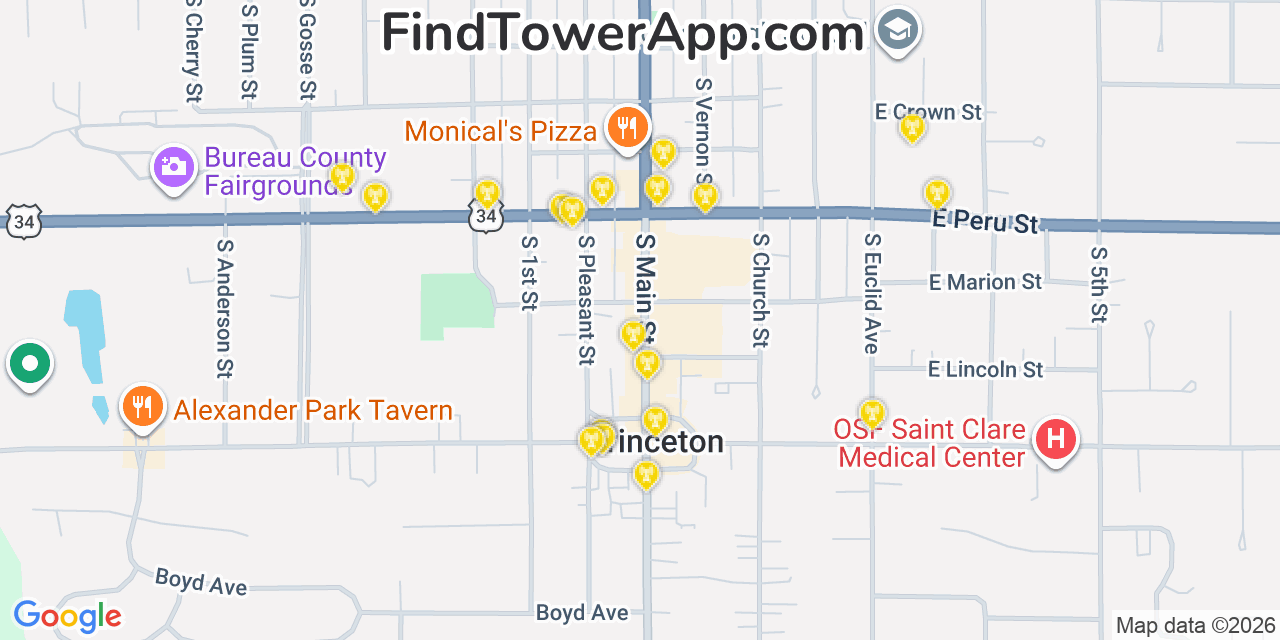 Map showing the 20 primary cell tower locations detected in Princeton, Illinois from AT&T, Verizon, and T-Mobile networks