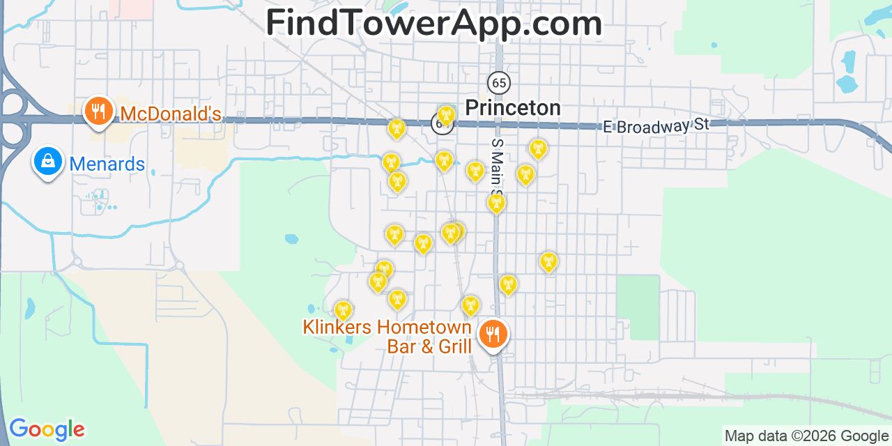 Map showing the 20 primary cell tower locations detected in Princeton, Indiana from AT&T, Verizon, and T-Mobile networks