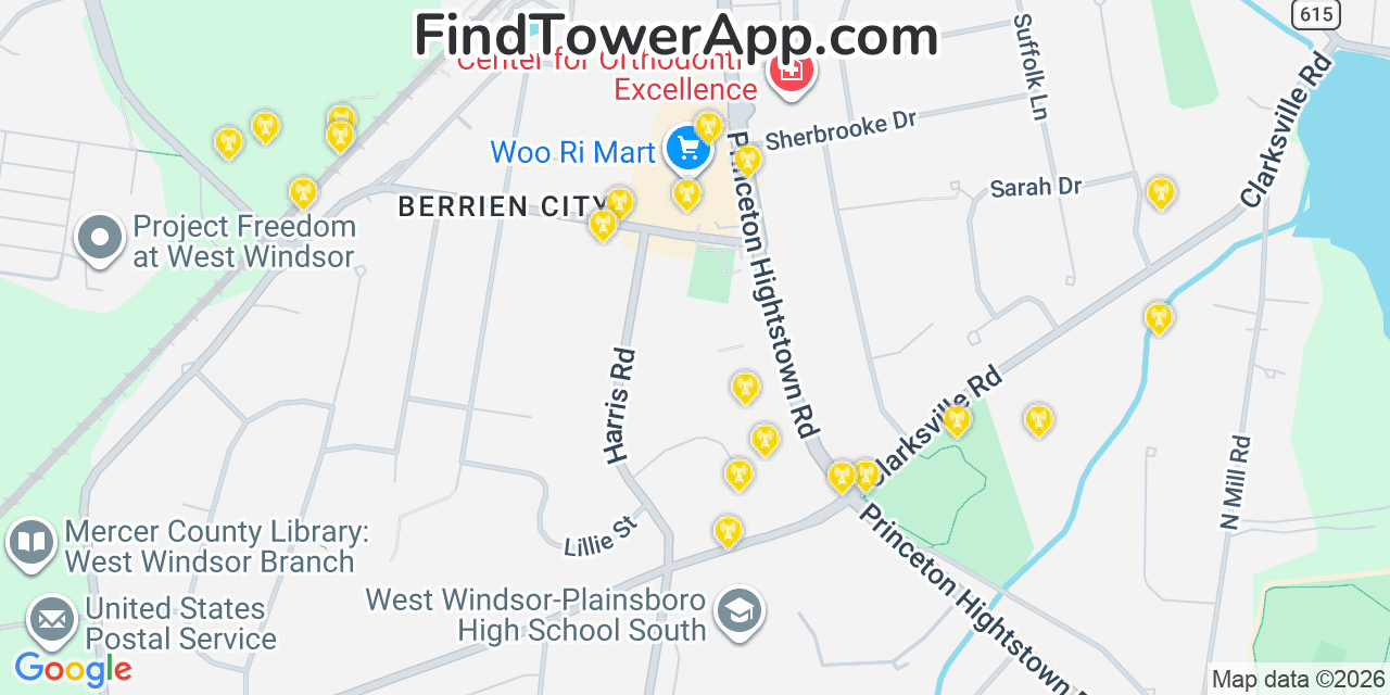 Map showing the 20 primary cell tower locations detected in Princeton Junction, New Jersey from AT&T, Verizon, and T-Mobile networks