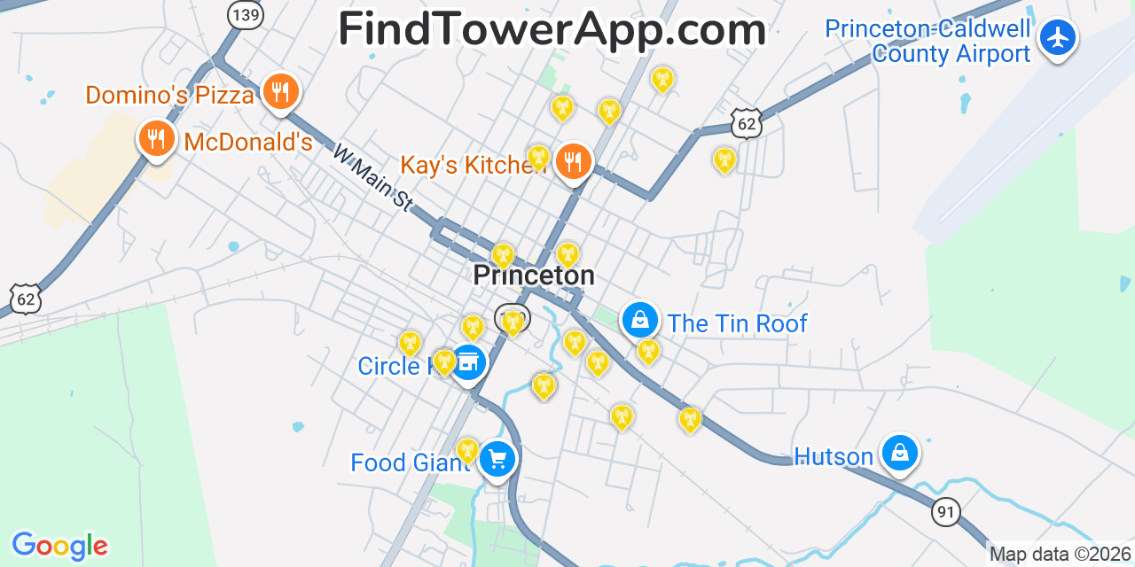 Map showing the 20 primary cell tower locations detected in Princeton, Kentucky from AT&T, Verizon, and T-Mobile networks